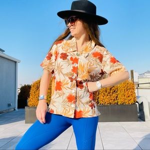 COLDWATER CREEK Jewel Button Down Linen Floral Hawaii Shirt